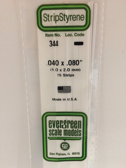 Evergreen 344 Strips, .040" x .080", 1.0 x 2.0 mm, 15 Pieces - House of Trains