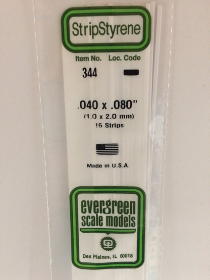 Evergreen 344 Strips, .040" x .080", 1.0 x 2.0 mm, 15 Pieces - House of Trains