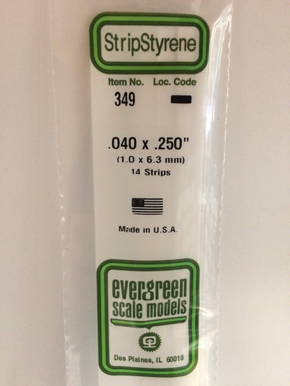 Evergreen 349 Strips, .040" x .250", 1.0 x 6.3 mm, 14 Pieces - House of Trains