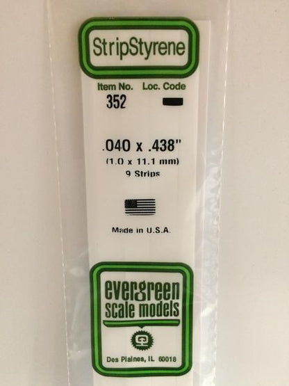 Evergreen 352 Strips, .040" x .438", 1.0 x 11.1 mm, 9 Pieces - House of Trains