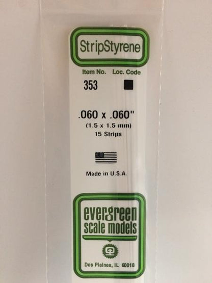 Evergreen 353 Strips, .060" x .060", 1.5 x 1.5 mm, 15 Pieces - House of Trains