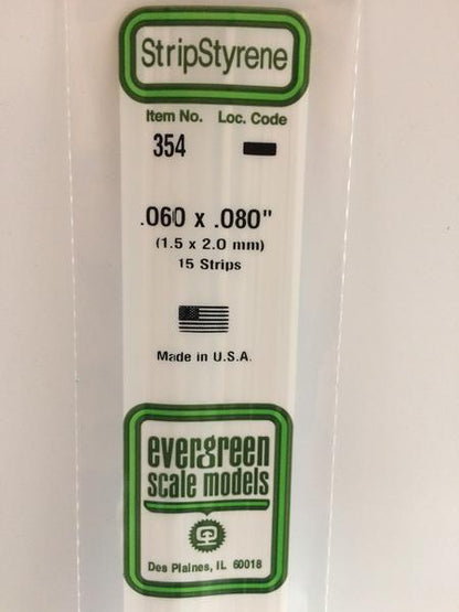 Evergreen 354 Strips, .060" x .080", 1.5 x 2.0 mm, 15 Pieces - House of Trains