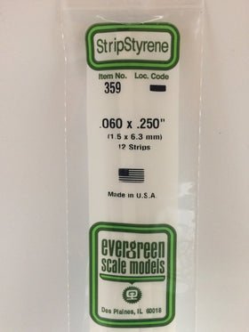 Evergreen 359 Strips, .060" x .250", 1.5 x 6.3 mm, 12 Pieces - House of Trains