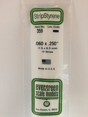 Evergreen 359 Strips, .060" x .250", 1.5 x 6.3 mm, 12 Pieces - House of Trains
