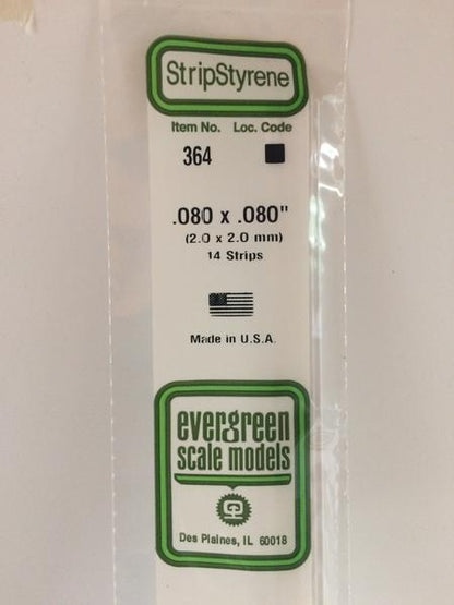 Evergreen 364 Strips, .080" x .080", 2.0 x 2.0 mm, 14 Pieces - House of Trains