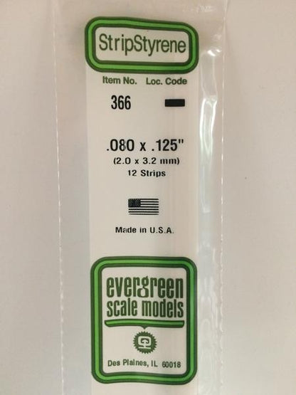 Evergreen 366 Strips, .080" x .125", 2.0 x 3.2 mm, 12 Pieces - House of Trains