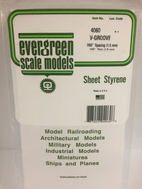 Evergreen 4060 V - Groove, Siding, .060" (1.5mm) Spacing x .040 (1.0mm) Thick (1 Piece) - House of Trains