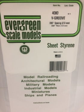 Evergreen 4080 V - Groove, Siding, .080" (2.0mm) Spacing x .040 (1.0mm) Thick (1 Piece) - House of Trains