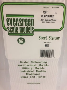 Evergreen 4081 Clapboard Siding, .080" (2.0mm) Spacing x .040 (1.0mm) Thick, 1 Piece - House of Trains