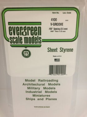 Evergreen 4100 V - Groove, Siding, .100" (2.5mm) Spacing x .040 (1.0mm) Thick (1 Piece) - House of Trains