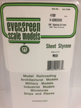 Evergreen 4188 V - Groove, Siding, .188" (4.8mm) Spacing x .040 (1.0mm) Thick (1 Piece) - House of Trains