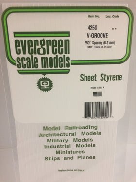 Evergreen 4250 V - Groove, Siding, .250" (6.3mm) Spacing x .040 (1.0mm) Thick (1 Piece) - House of Trains