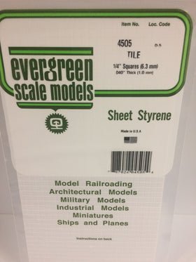 Evergreen 4505 Tile, .250" (6.3mm) Squares x .040 Thick (1 Piece) - House of Trains