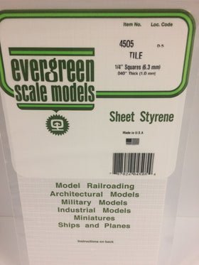 Evergreen 4505 Tile, .250" (6.3mm) Squares x .040 Thick (1 Piece) - House of Trains