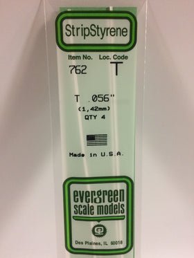 Evergreen 762 T Section, .056", 1.42 mm, 4 Pieces - House of Trains