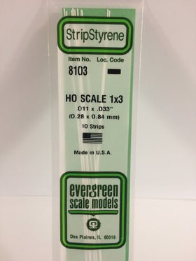 Evergreen 8103, HO Scale 1 x 3, .011" x .033", 0.28 mm x 0.84 mm, 10 Pieces - House of Trains