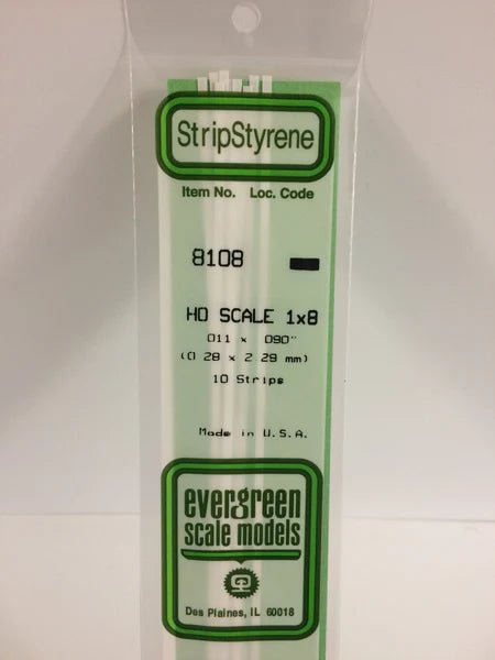 Evergreen 8108, HO Scale 1 x 8, .011" x .090", 0.28 mm x 2.29 mm, 10 Pieces - House of Trains