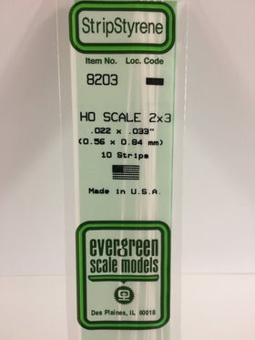 Evergreen 8203 Strips, HO Scale 2 x 3, .022" x .033", 0.56 mm x 0.84 mm, 10 Pieces - House of Trains