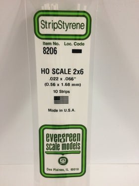 Evergreen 8206 Strips, HO Scale 2 x 6, .022" x .066", 0.56 mm x 1.68 mm, 10 Pieces - House of Trains