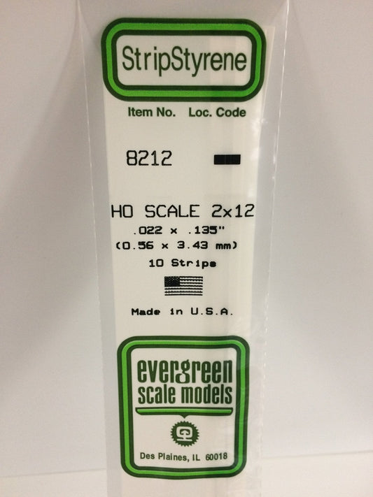 Evergreen 8212 Strips, HO Scale 2 x 12, .022" x .135" (0.56 mm x 3.43 mm) (10 Pieces) - House of Trains