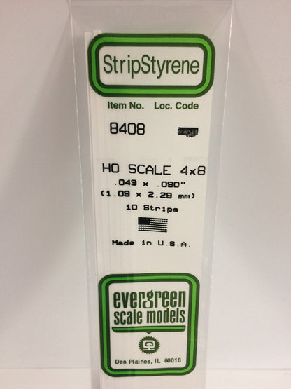Evergreen 8408 Strips, HO Scale 4 x 8, .043" x .090" (1.09 mm x 2.29 mm) (10 Pieces) - House of Trains