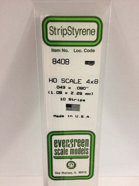 Evergreen 8408 Strips, HO Scale 4 x 8, .043" x .090" (1.09 mm x 2.29 mm) (10 Pieces) - House of Trains