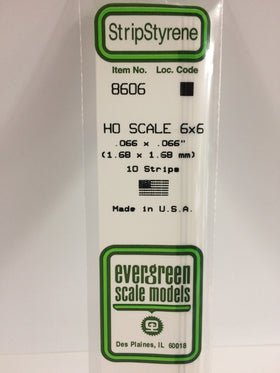 Evergreen 8606 Strips, HO Scale 6 x 6, .066" x .066", 1.68 mm x 1.68 mm, 10 Pieces - House of Trains