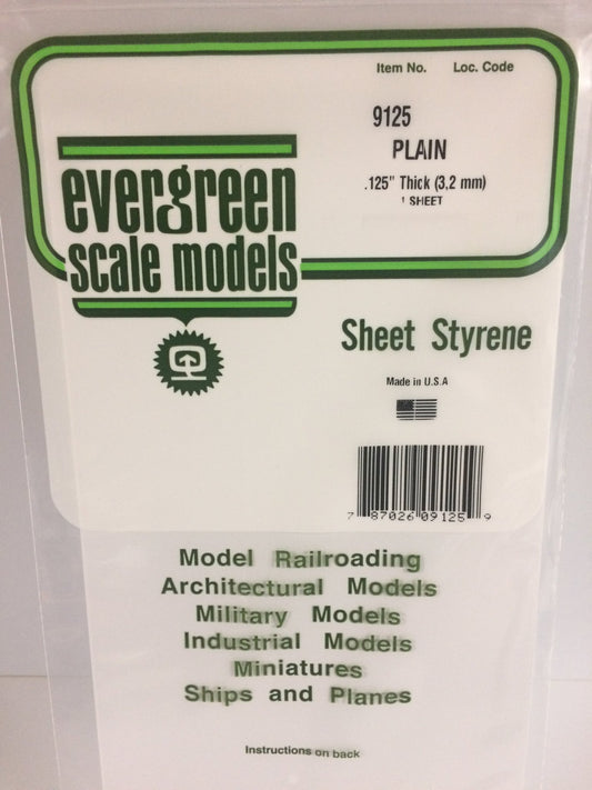 Evergreen 9125, Plain, Styrene, Sheet, .125" (3.2mm) x 6" x 12", 1 Piece - House of Trains