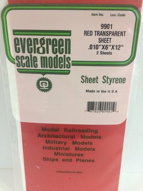 Evergreen 9901, Red, Translucent, 6"x12", .010" (0.5mm) Thick (2 Pieces) - House of Trains