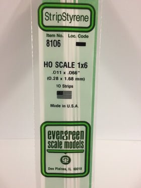 Evergreen 8106, HO Scale 1 x 6, .011" x .066", 0.28 mm x 1.68 mm, 10 Pieces