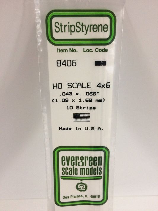 Evergreen 8406 Strips, HO Scale 4 x 6, .043" x .066" (1.09 mm x 1.68 mm) (10 Pieces)
