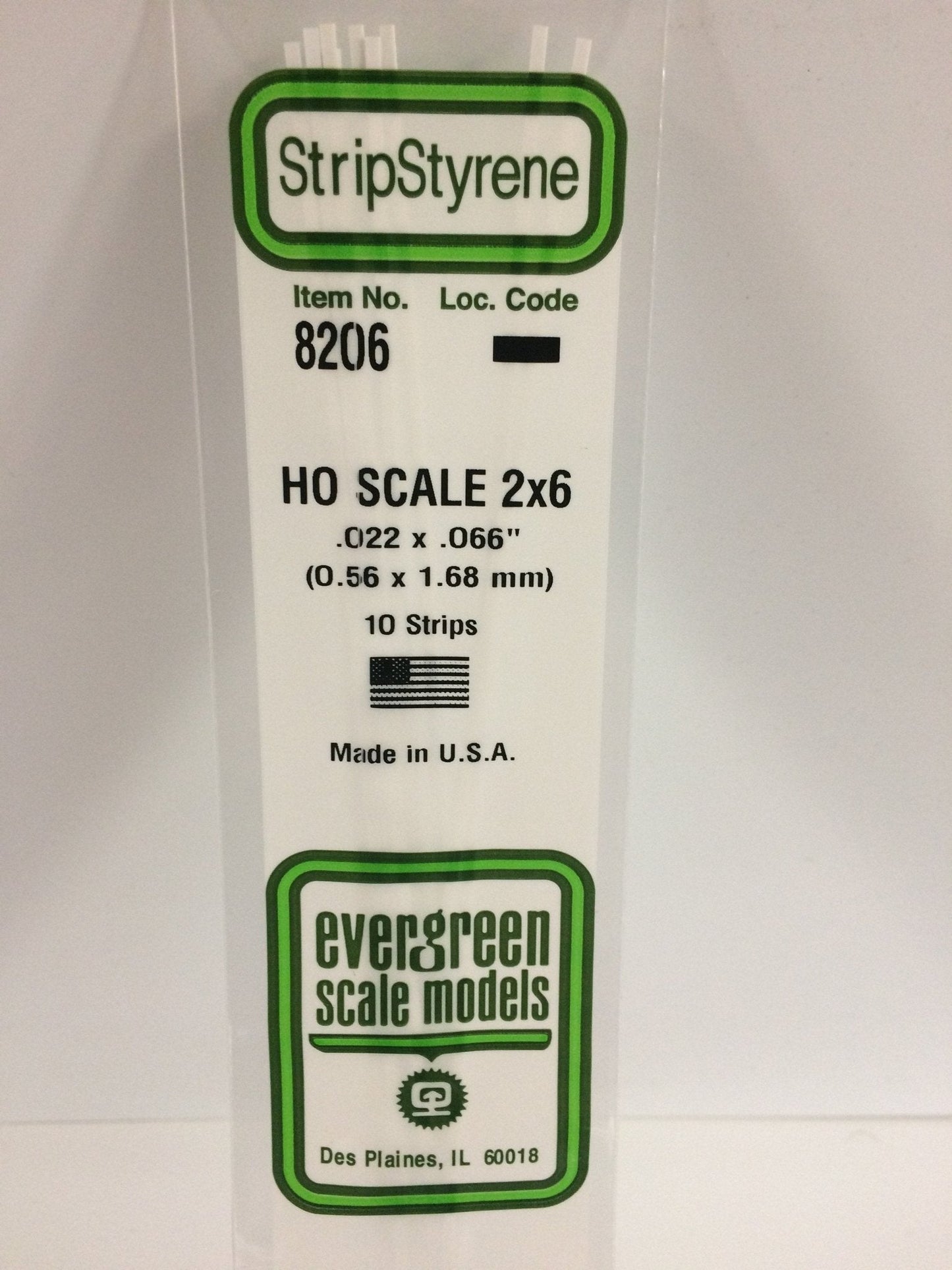 Evergreen 8206 Strips, HO Scale 2 x 6, .022" x .066" (0.56 mm x 1.68 mm) (10 Pieces)