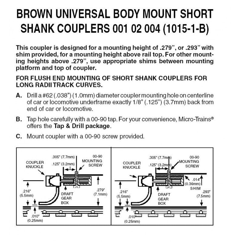 Micro Trains 001 02 004 (1015 - 1 - B) N Assembled Universal Body Mount Short Shank Couplers - House of Trains