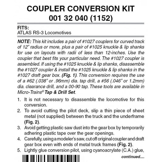 Micro Trains 001 32 040 (1152) N Coupler Conversion Kit, Atlas RS - 3 with Black Pilot, Black (1 Pair) - House of Trains