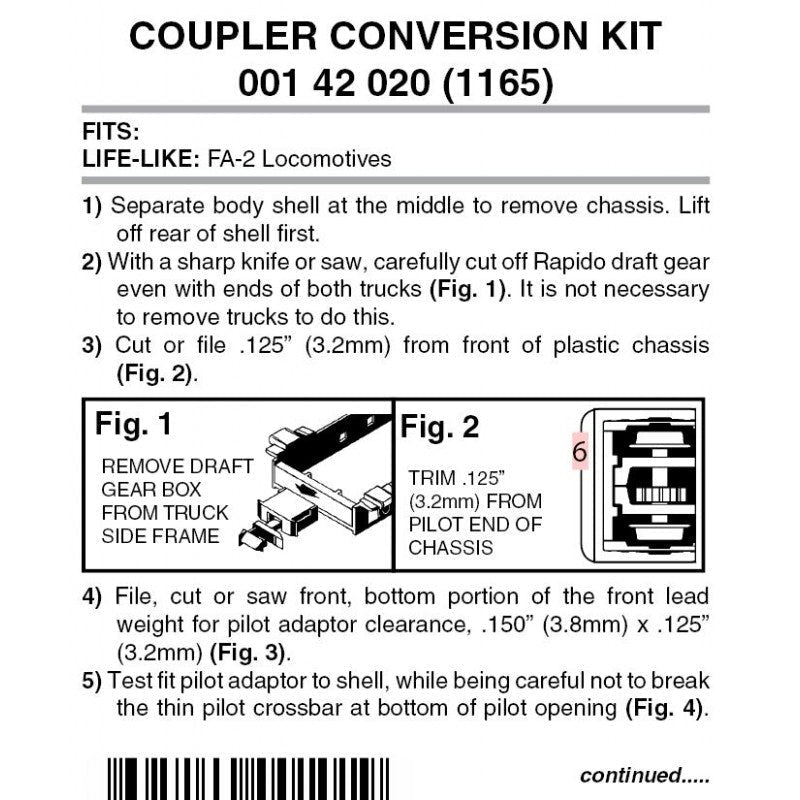 Micro Trains 001 42 020 (1165) N Coupler Conversion Kit, Life - Like FA1 Locomotives, Black - House of Trains