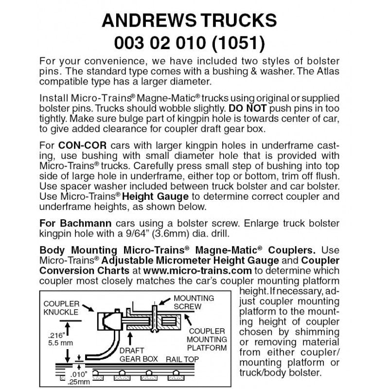 Micro Trains 003 02 010 (1051) N Andrews Trucks Without Mounted Coupler, Black (1 Pair) - House of Trains