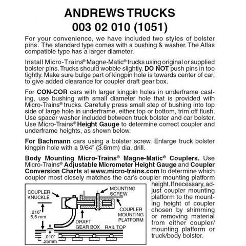 Micro Trains 003 02 010 (1051) N Andrews Trucks Without Mounted Coupler, Black (1 Pair) - House of Trains