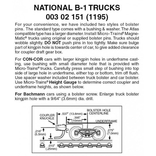 Micro Trains 003 02 151 (1195) N National B - 1 Trucks with Short Extension Couplers, Assembled, Black 1 Pair - House of Trains