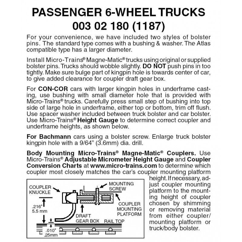 Micro Trains 003 02 180 N Passenger 6 - Wheel Trucks, With 36" Wheels, Without Couplers Black - House of Trains
