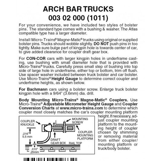 Micro Trains 003 10 000 (1011 - 10) N, 10 Pair, Bulk Pack, Arch Bar Trucks, No Coupler (20 Trucks) - House of Trains