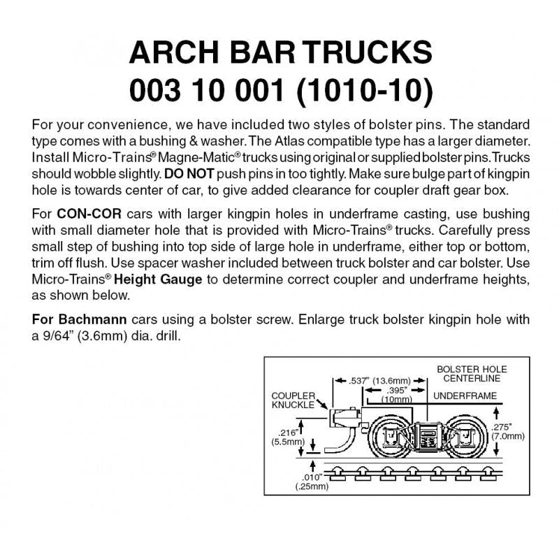 Micro Trains 003 10 001 (1010 - 10) N, 10 Pair, Bulk Pack, Arch Bar Trucks, Short Extension Couplers - House of Trains