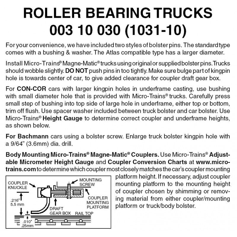 Micro Trains 003 10 030, 1031-10, 10 pair Roller Bearing Trucks without Couplers (20 Pieces) - House of Trains