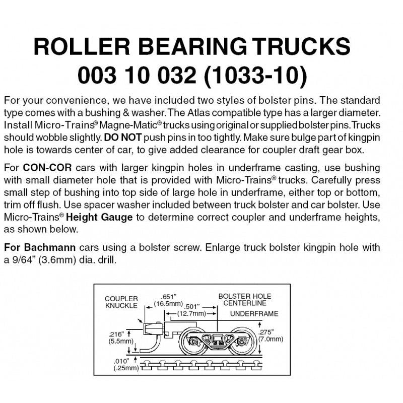 Micro Trains 003 10 032 (1033 - 10) N, 10 Pair, Roller Bearing Trucks with Medium Extension - House of Trains