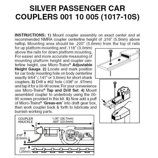 Micro-Trains Line 001 10 005 (1017-10S) N, Assembled, Passenger Car Couplers, For Use with 1017 and 1018 Trucks, 10 Pair, Silver - House of Trains