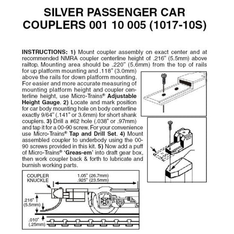 Micro - Trains Line 001 10 005 (1017 - 10S) N, Assembled, Passenger Car Couplers, For Use with 1017 and 1018 Trucks, 10 Pair, Silver - House of Trains