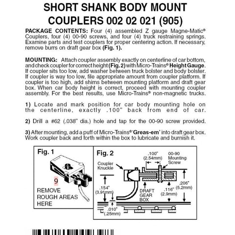 Micro - Trains Line 002 02 021 (905) Z and Nn3 Short Shank Body Mount Couplers, Assembled - House of Trains