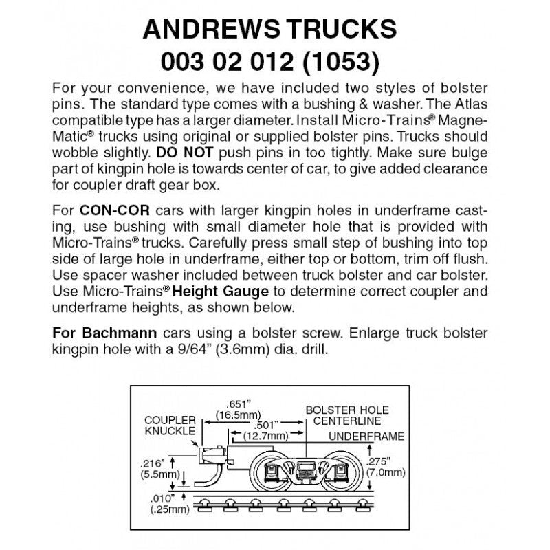 Micro-Trains Line 003 02 012 (1053) N Andews Trucks, Medium Extension Couplers, Assembled, Black - House of Trains