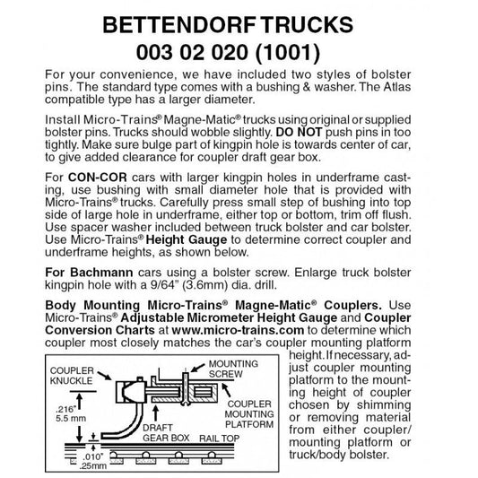 Micro - Trains Line 003 02 020 (1001) N Bettendorf Trucks without Coupler, Assembled, Black, 1 Pair - House of Trains