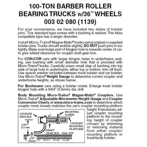 Micro - Trains Line 003 02 080 (1139) N 100 - Ton Barber Roller Bearing Trucks without Couplers, 36" Wheels, Black (1 Pair) - House of Trains