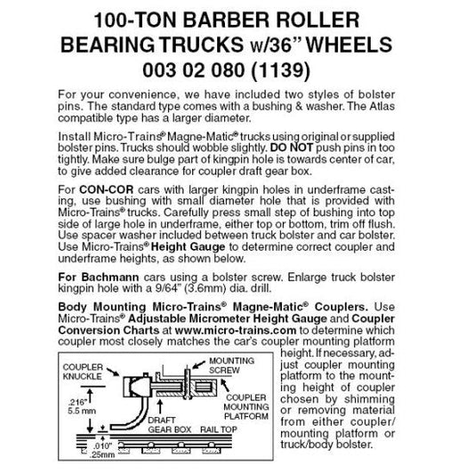 Micro - Trains Line 003 02 080 (1139) N 100 - Ton Barber Roller Bearing Trucks without Couplers, 36" Wheels, Black (1 Pair) - House of Trains